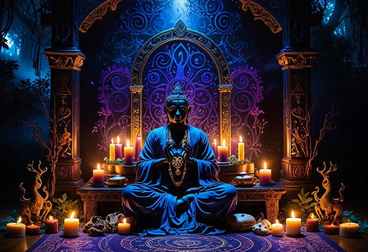 A mystical scene featuring an intricately designed voodoo altar adorned with candles, colorful masks, and detailed spiritual symbols. Surrounding the altar, ethereal mist swirls, revealing enchanting glimpses of nature. A silhouette of a person in meditation symbolizes the deep connection with spirituality. The color palette should be rich with deep blues, purples, and golds to evoke a sense of mystery. super-realistic. vibrant colors. 3D.