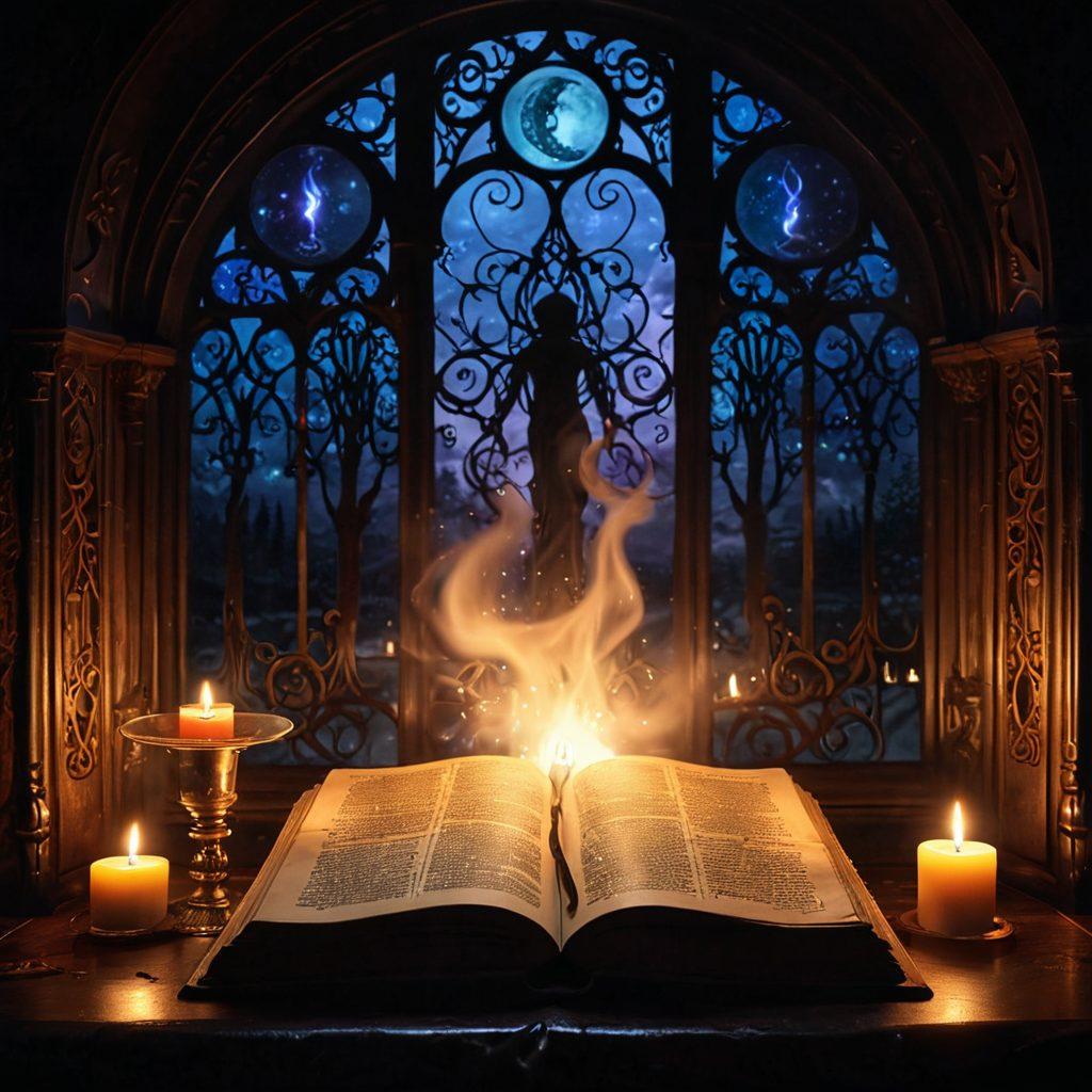 A mystical scene featuring an ancient, leather-bound grimoire opened to reveal glowing symbols and arcane text, surrounded by flickering candles and a crystal ball casting colorful reflections. Ethereal wisps of smoke curl upward, hinting at hidden spells. In the background, a shadowy figure murmurs incantations, illuminated by a full moon shining through a gothic window. Enchanting, dark atmosphere. super-realistic. vibrant colors. ethereal smoke.