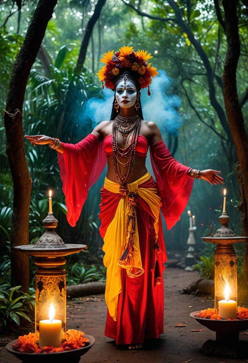 A mystical scene depicting a vibrant Voodoo ceremony, showcasing a colorful altar adorned with candles, masks, and symbolic artifacts. Surrounding the altar, participants in traditional attire perform rhythmic dances under a canopy of lush tropical trees, illuminated by warm, ethereal lighting. Incorporate elements like swirling smoke and floating spirits to enhance the supernatural feel. Rich, contrasting colors should evoke a sense of magic and intrigue. super-realistic. vibrant colors. mystical atmosphere.